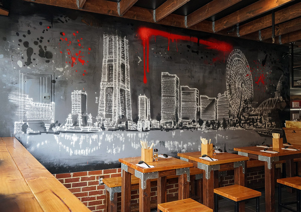 Restaurant Skyline Mural - Graffiti Chalk Style