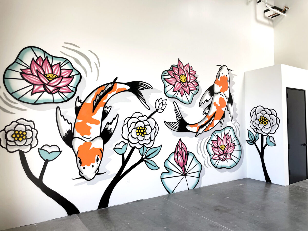 Koi Fish Mural in Office Warehouse Space. Koi Pond Graffiti & Street Art